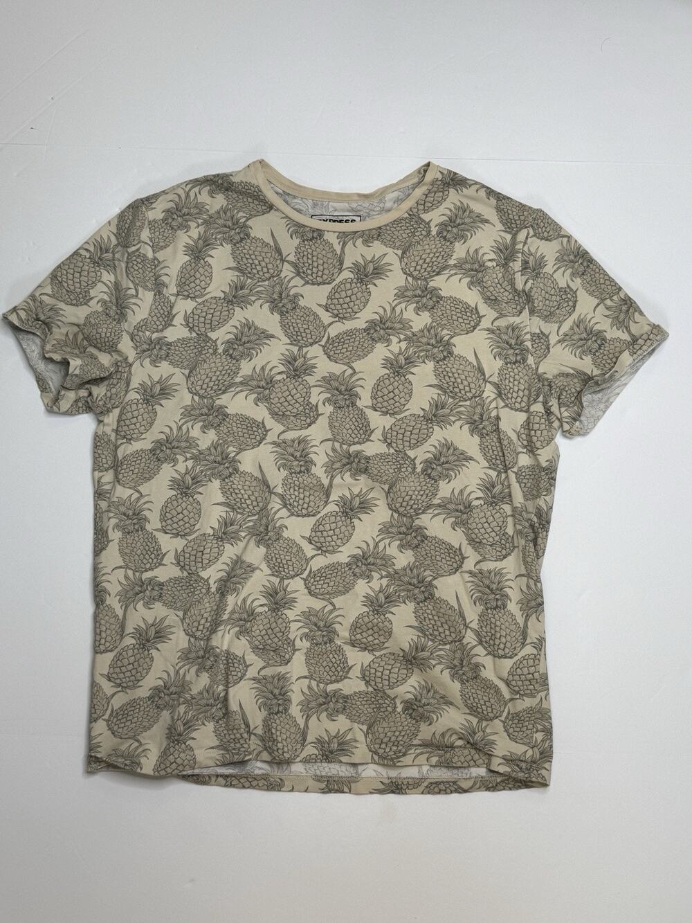 Express Mens M Pineapple All Over Print T Shirt Beige Gray Stretch Cotton